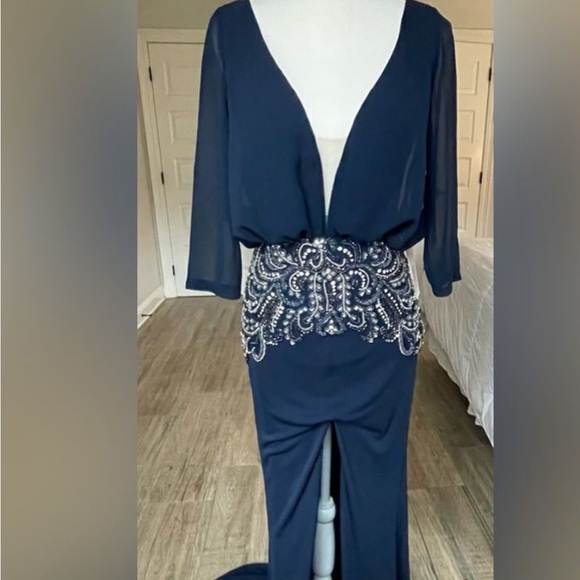 Jovani Blue and Silver Embellished Gown with Plunge Neckline